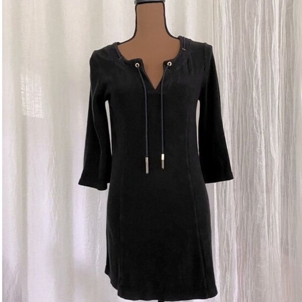 Juicy Couture Vintage Y2K Black Terry Mini Dress‎ Tassel Ties Bell Sleeve Medium